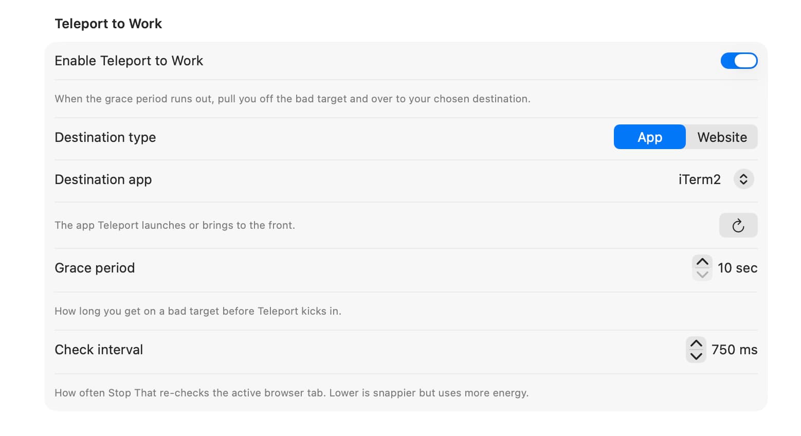 Stop That's Teleport to Work settings, with a destination app, grace period, and check interval